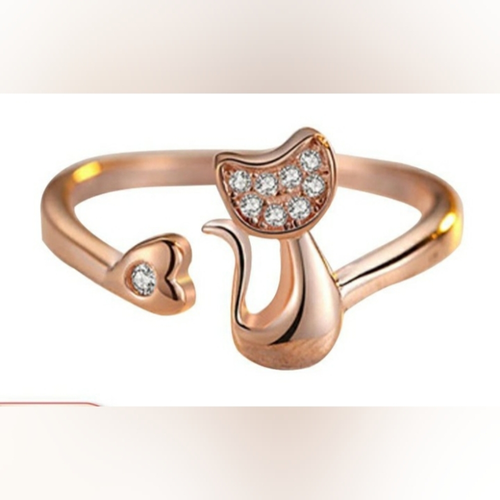 Cat Rhinestone Gold Tone Adjustable Ring